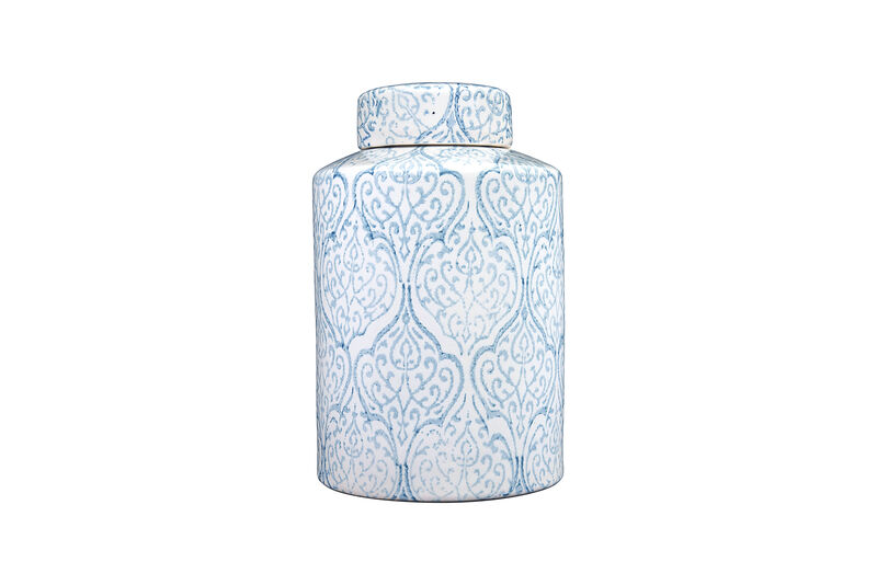 Decorative Tall Ceramic Ginger Jar with Lid, Blue and White image number 0