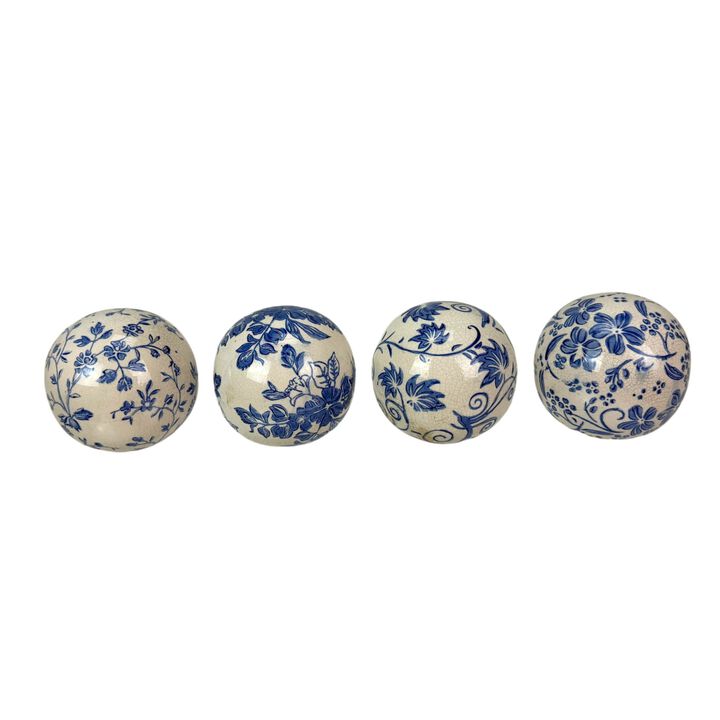 Decorative Orbs Set Of 4 Blue White Floral Crackle Ceramic 375 In