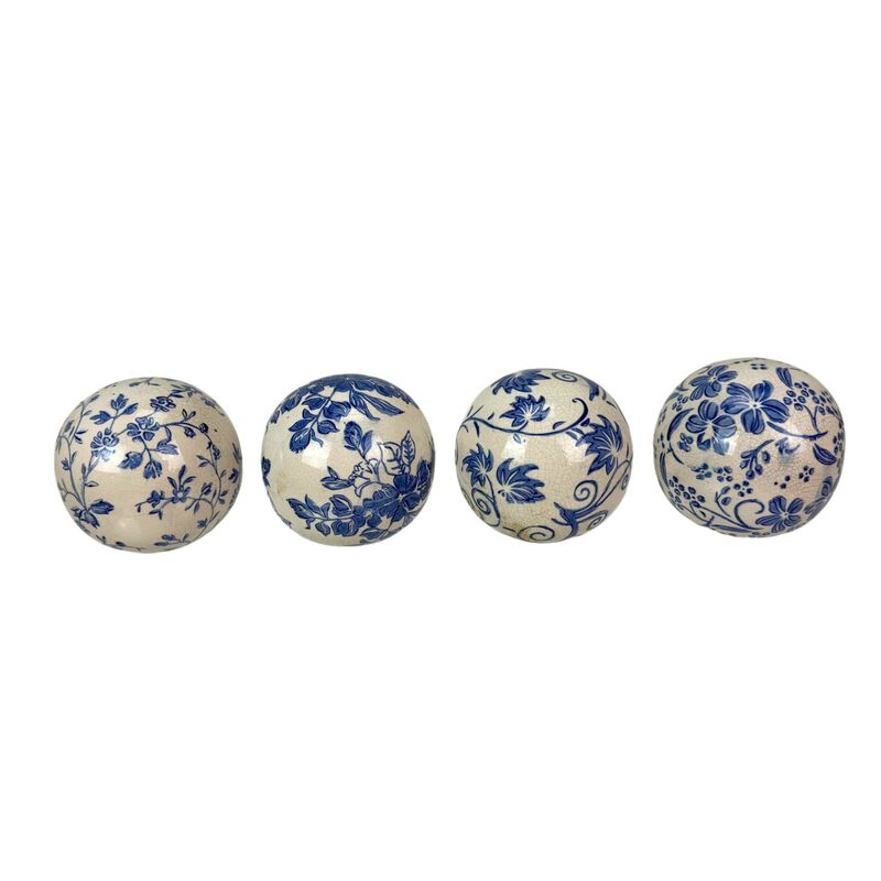 Decorative Orbs Set Of 4 Blue White Floral Crackle Ceramic 375 In image number 1