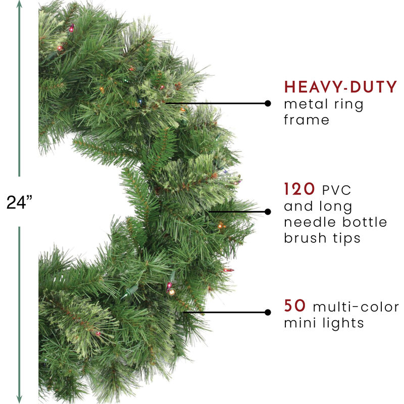 Pre-Lit Mixed Cashmere Pine Artificial Christmas Wreath - 24-Inch  Multi Lights