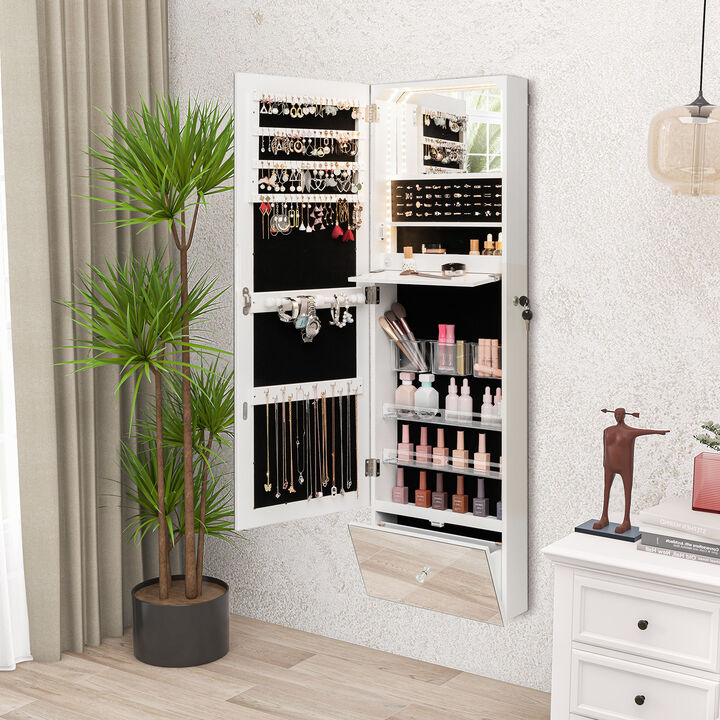 Wall Mounted Jewelry Armoire Organizer with Full-Length Frameless Mirror-White