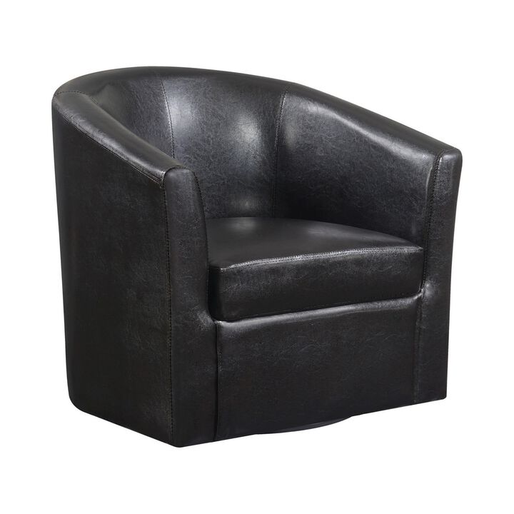 30 Inch Swivel Accent Chair, Barrel Back, Sloped Arms, Brown Faux Leather-Benzara