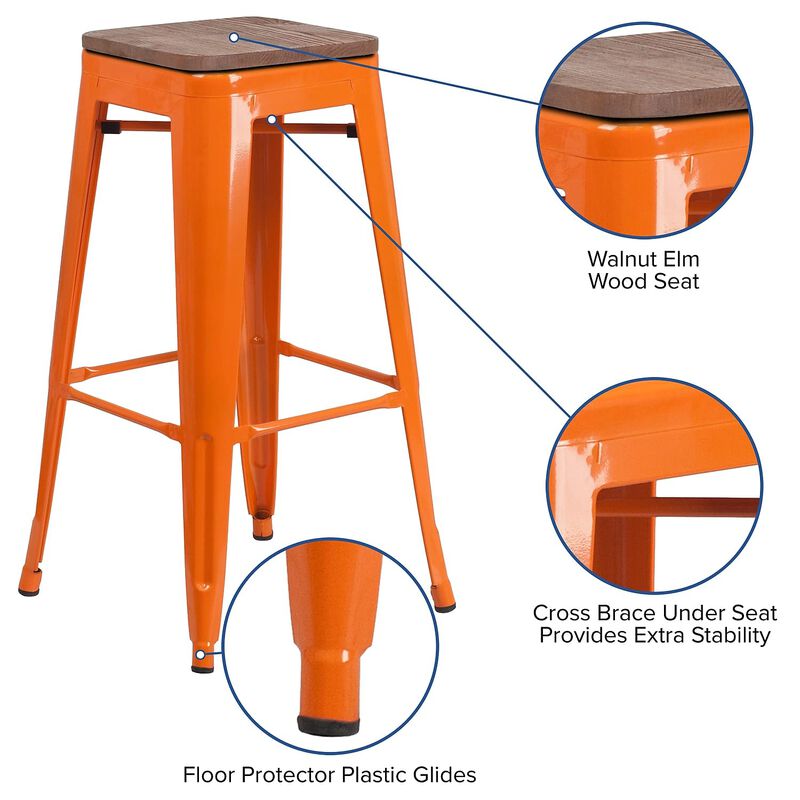 Flash Furniture Lily 30" High Backless Orange Metal Barstool with Square Wood Seat