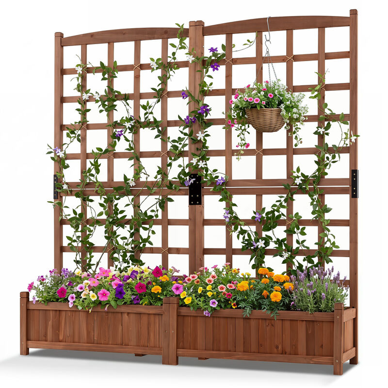 Dual Wooden Raised Garden Bed with Trellis and Drainage Holes image number 6