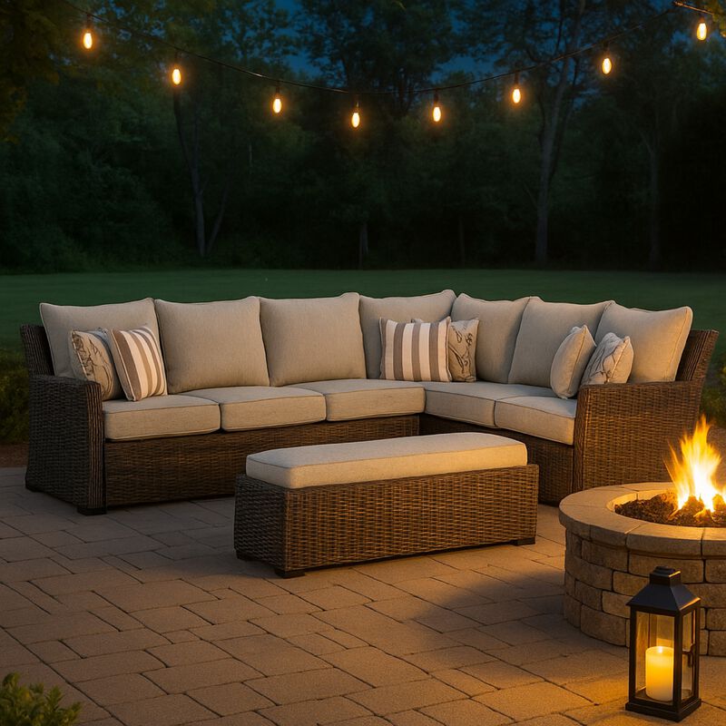 Soha Outdoor 3pc Sectional Sofa, Brown Wicker, Beige Nuvella Cushions - Benzara