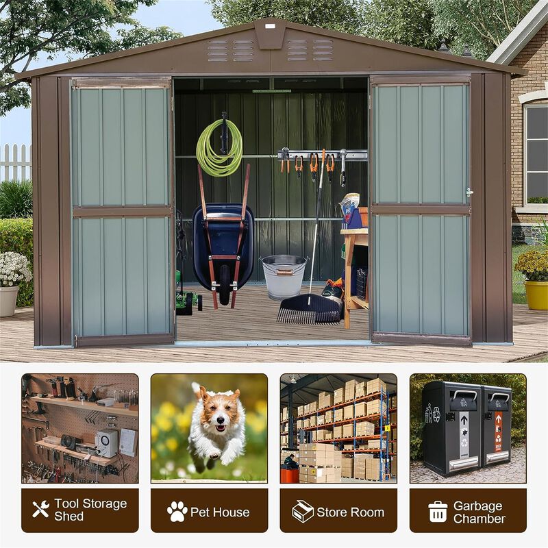 CLIHOME 10x8Ft Outdoor Patio Metal Steel Storage Shed,Utility Tool Shed Storage House with Double Lockable Doors and Air Vents image number 6