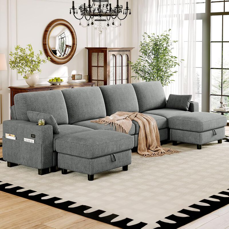 Vipbear 128" Modular Sectional Sofa, Chenille U Shaped Cloud Couch with Ottoman Adjustable Backrest image number 9