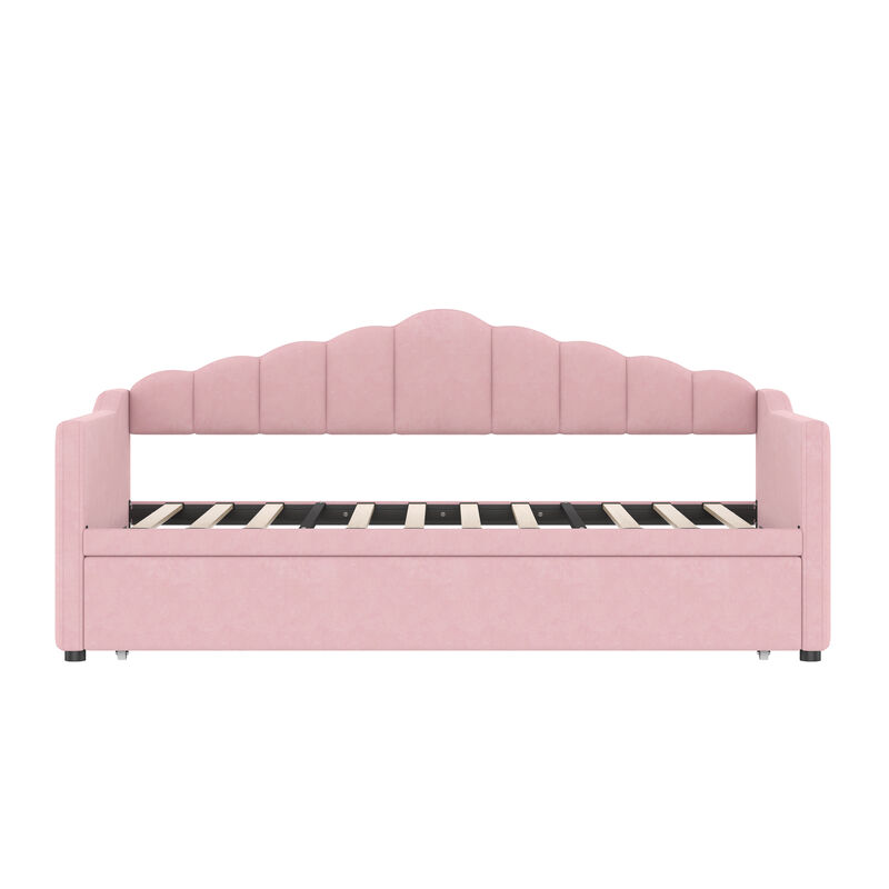 Merax Twin Size Upholstered Daybed with Adjustable Trundle USB/Type-C Charging, 2 Side Pockets, No Box Spring