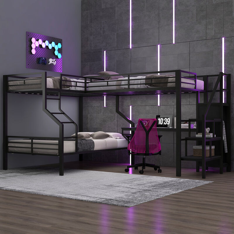 Merax L-Shaped Twin over Full Metal Bunk Bed with Built-in Wardrobe & USB Desk image number 2