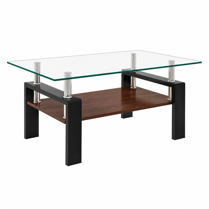 GOODSILO Modern Rectangular Coffee Table with Tempered Glass Top, Storage Shelf and Durable Metal Legs for Living Rooms