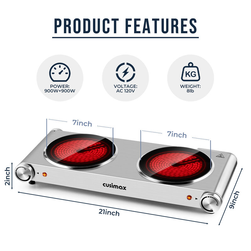 Cusimax 7.1 inch Portable Electric Hot Plate, 1800W Glass Dual Countertop Electric Cooktop, Stainless Steel Infrared Electric Stove image number 2