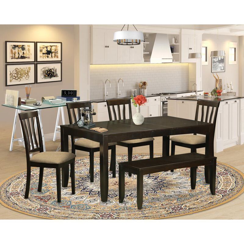 6 PC Dining set with bench-Dining Table with Leaf and 4 Dining Chairs Bench
