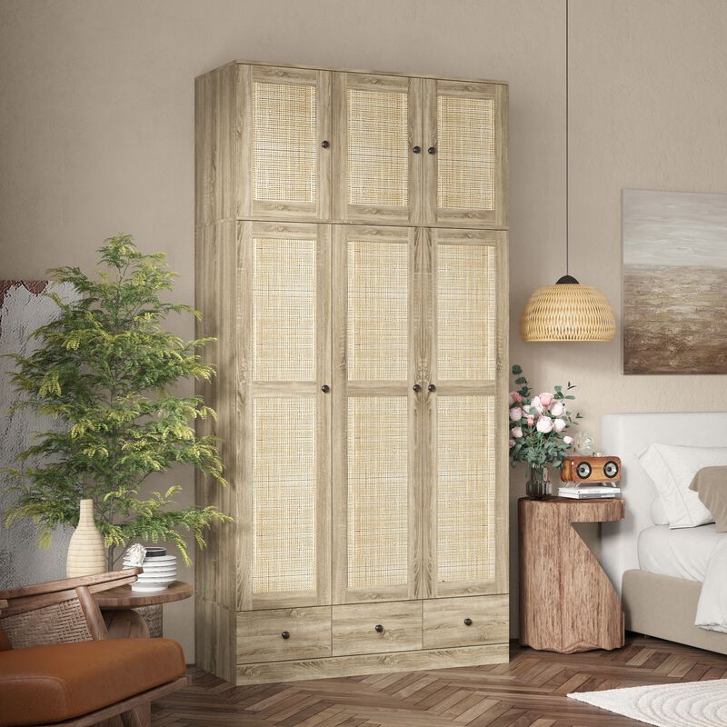 FUFU&GAGA Natural Wood Wardrobe with Shelves, Drawers, and Hanging Space, (47.2" W x 18.9" D x 94.5" H)，Brown
