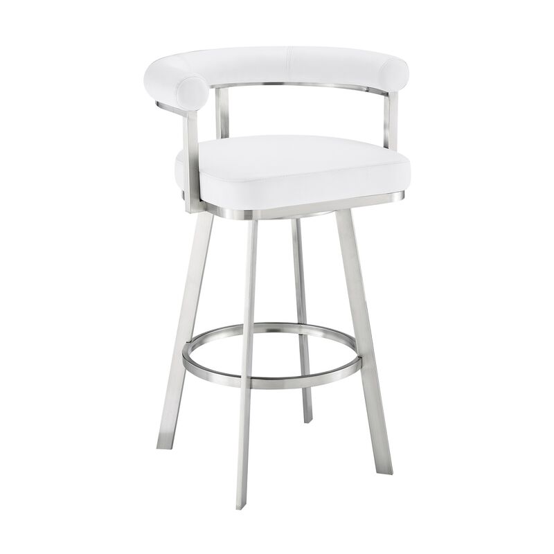 Weni 30 Inch Swivel Barstool Chair, Barrel Open Back, White, Steel Frame
