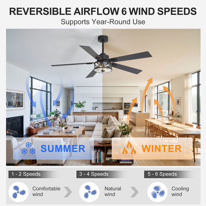 Breezary 56" Ceiling Fan with Lights, 5 Wood Blades, 6 Speed Remote Control, E12 Light Kit image number 1