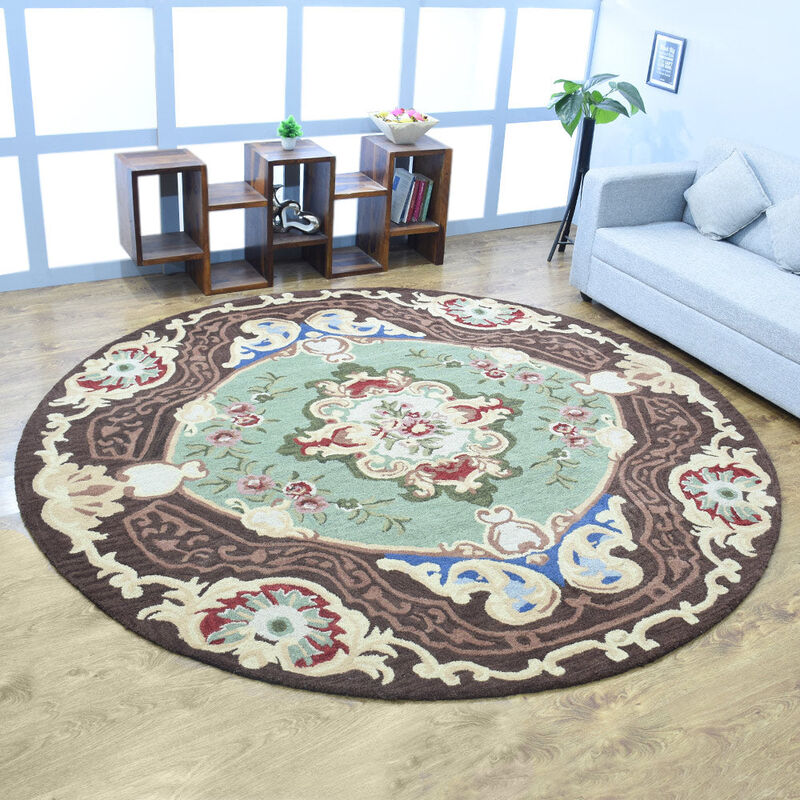 RUGSOTIC CARPETS HAND TUFTED WOOL ECO-FRIENDLY AREA RUGS  - 8'x8', Round Shape, Light Green, Classic Oriental Traditional  Design, High Pile Thick Handmade Anti Skid Area Rugs (K00S06)