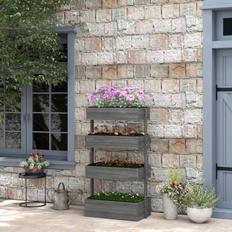 Hivvago 4 Tier Vertical Wooden Planter Box Raised Bed Grey