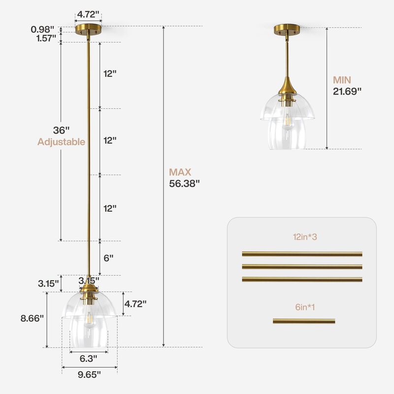 Gold Pendant Light with Tiered Clear Glass Shade, Adjustable Height image number 2