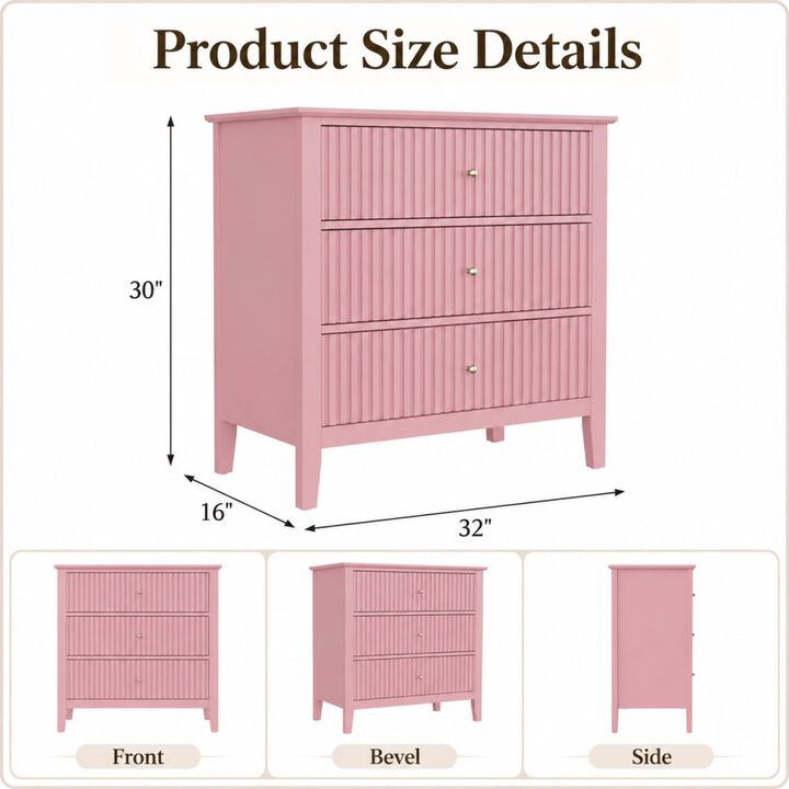 GOODSILO 32 Inch Wide Fluted 3-Drawer Nightstand Large Modern Bedroom End Table with Spacious Storage and Soft-Close Drawers