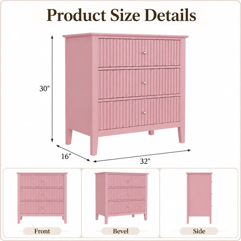 GOODSILO 32 Inch Wide Fluted 3-Drawer Nightstand Large Modern Bedroom End Table with Spacious Storage and Soft-Close Drawers image number 1