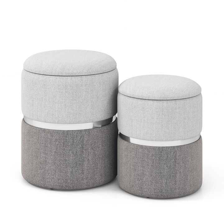 Velvet/Linen Fabric Storage Ottoman Set of 2-Grey