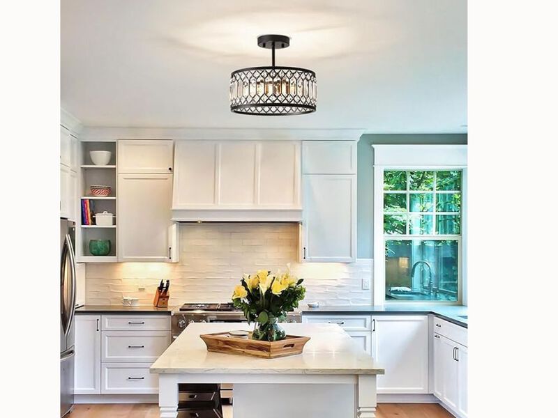 12.2" Black Crystal Ceiling Light &ndash; 3-Light Semi Flush Mount Fixture for Kitchen, Bedroom & Entryway (E12 Base)