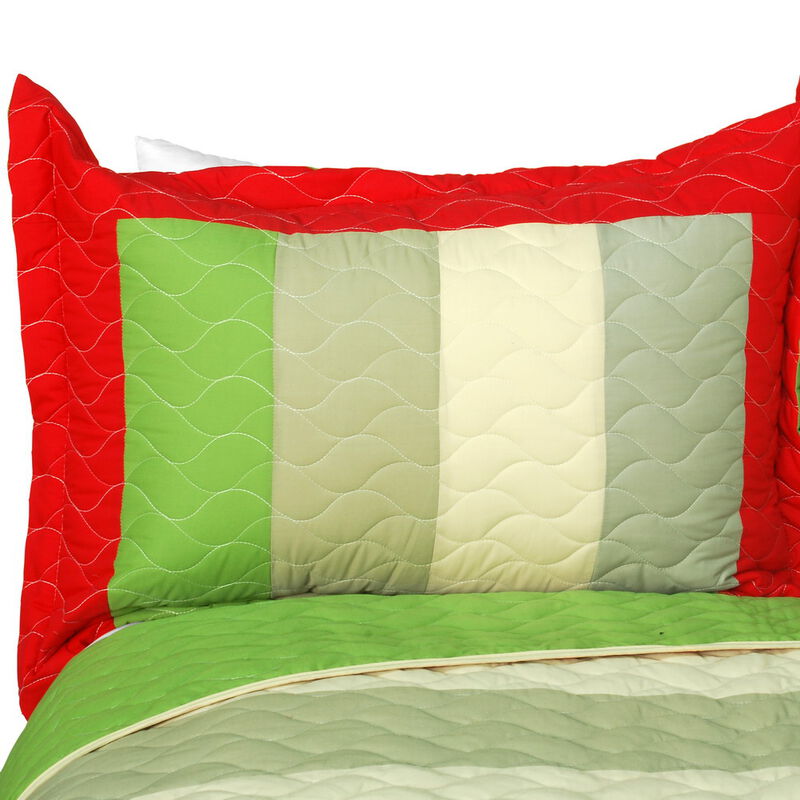 Queen Size 3PC Geometric Patchwork Quilt Set with Quilted Stitch Detail-Green image number 2