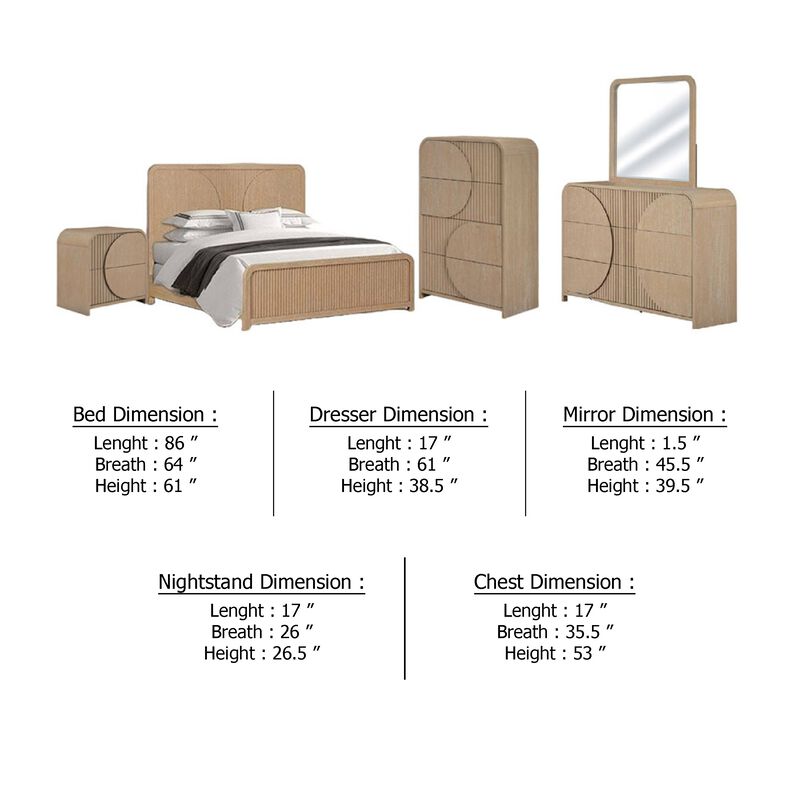 Tanya 5pc Queen Bedroom Set w Tall Chest, Reeded Natural Brown image number 5