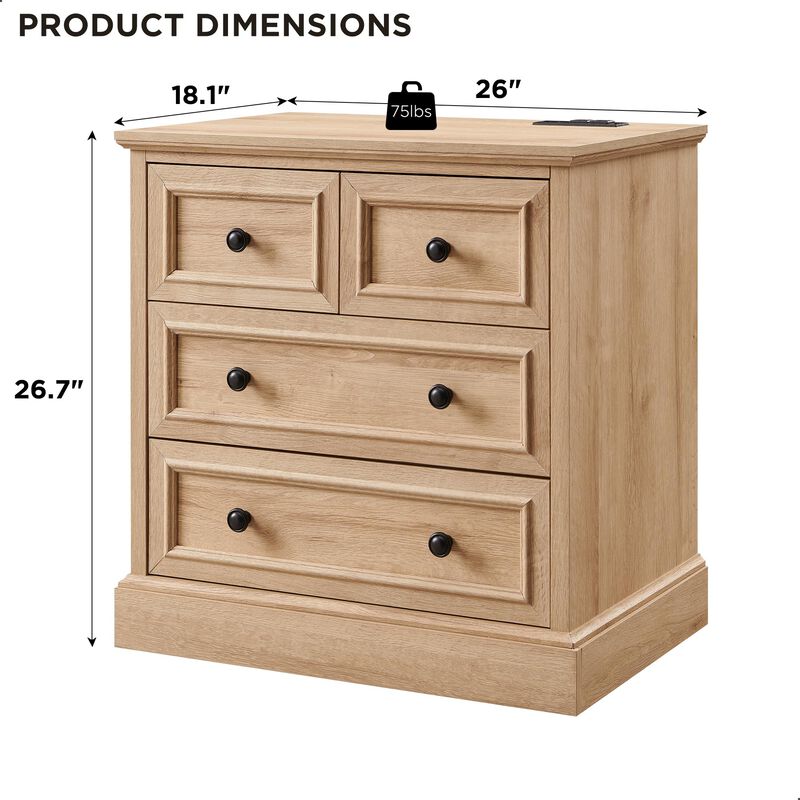 26" Farmhouse Nightstands Set of 2 with Charging Station, 4-Drawer Storage image number 2
