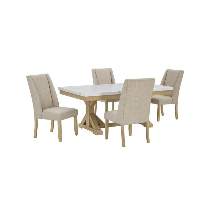 Best Quality Furniture 5Pc Fuax Marble Top Dining Set With 4 Beige Side Chairs