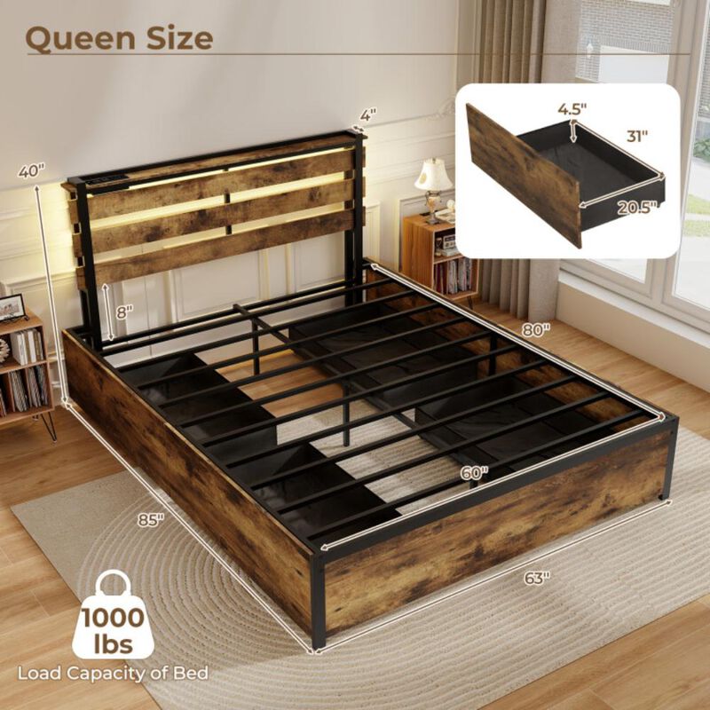 Hivvago Bed Frame with Drawers LED Lights and USB Ports