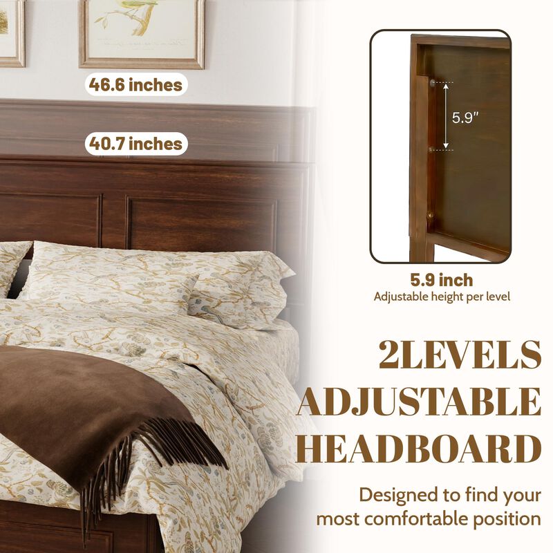Pine Wood Farmhouse Platform Bed with Adjustable-Height Headboard image number 3