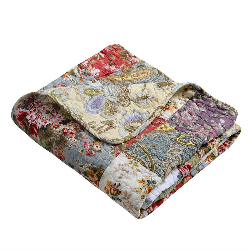 Soft Cotton Patchwork Throw Blanket for Bed or Couch, Reversible Floral Pattern