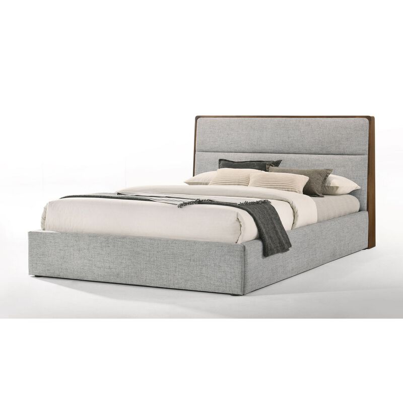 Aki King Platform Bed, Cushioned Gray Polyester Upholstery, Walnut Brown - Benzara image number 0