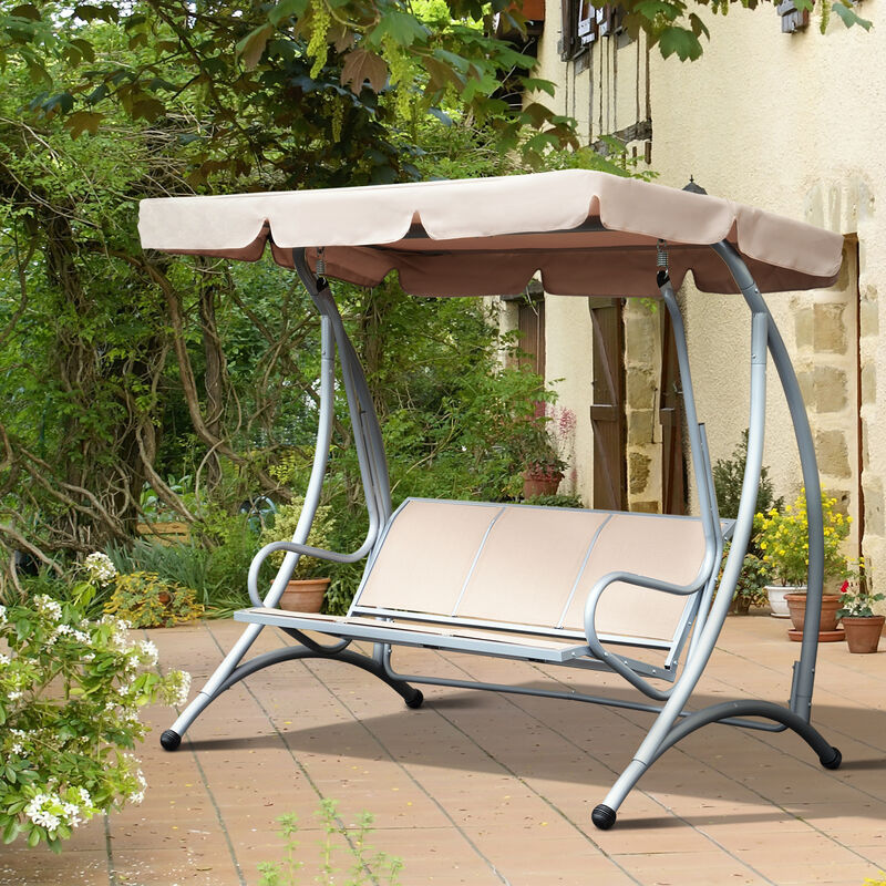 Outsunny 3-Seat Outdoor Porch Swing Chair, Patio Swing Glider with Adjustable Canopy, Breathable Seat, and Steel Frame for Garden, Poolside, Backyard, Beige