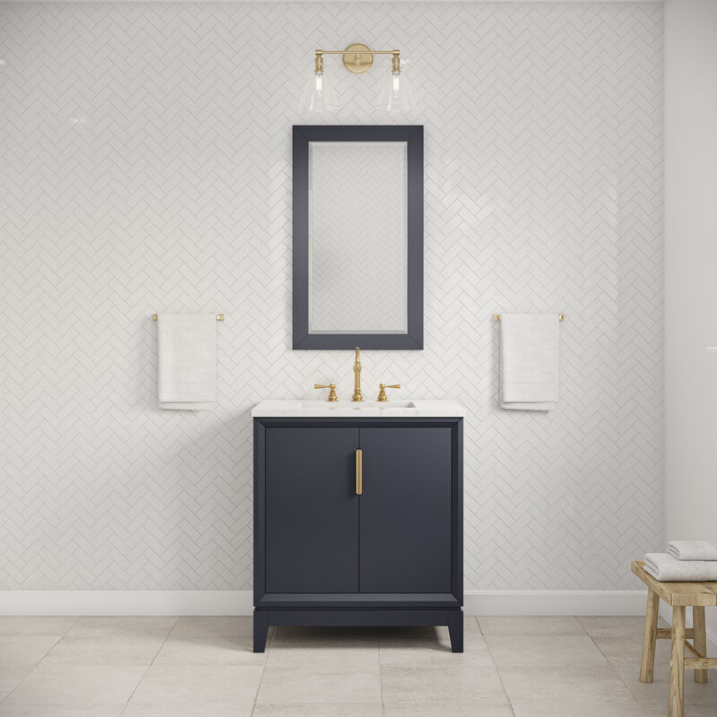 Elizabeth 30 In. Single Sink Carrara White Marble Countertop Bath Vanity In Monarch Blue with Satin Gold Hardware