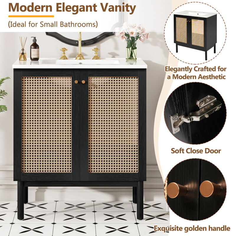 ELEMENT ACE Space-Saving Natural Bamboo Vanity with Handwoven Rattan Doors image number 5