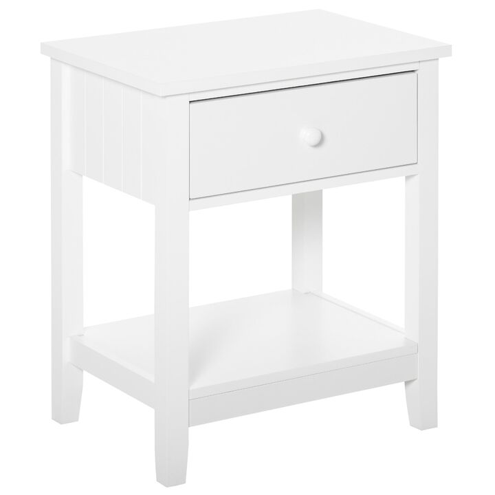 Modern Style Bedside End Table with Drawer and Storage Shelf for Bedroom, or Living Room, White