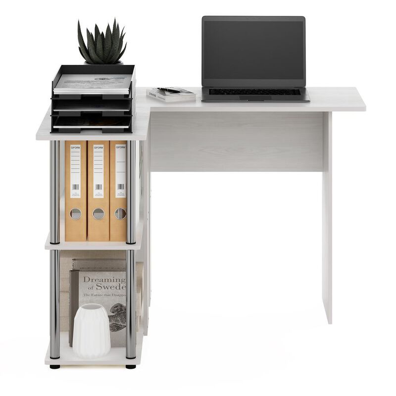 Furinno Abbott L-Shape Desk with Bookshelf, White Oak, Stainless Steel Tubes