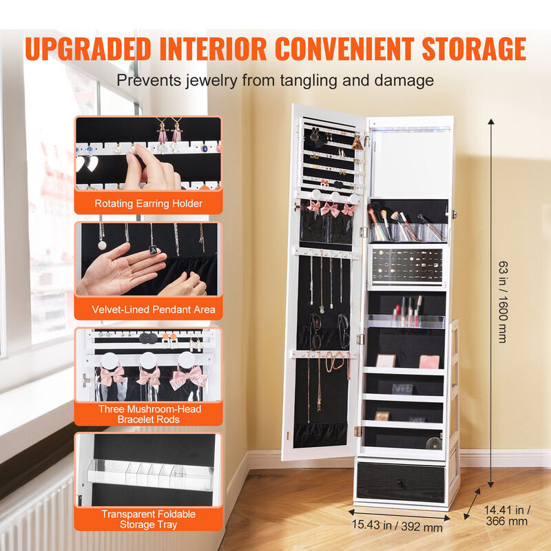 360&deg; Swivel Jewelry Cabinet with Full-Length Mirror, Freestanding Storage Armoire