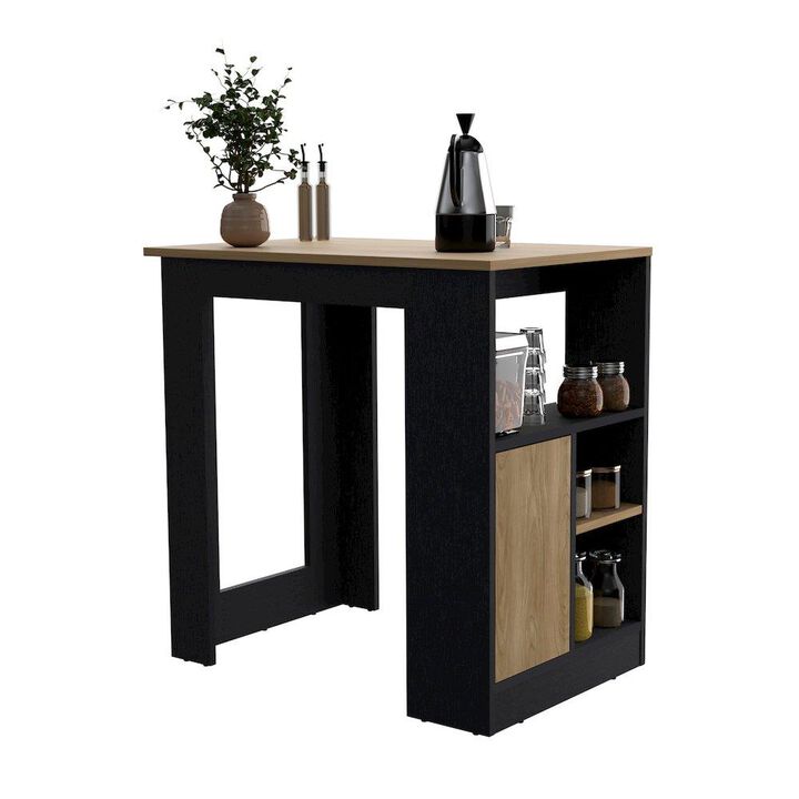 Kitchen Island 36" H, Three Shelves and One Cabinet, Black / Natural Oak