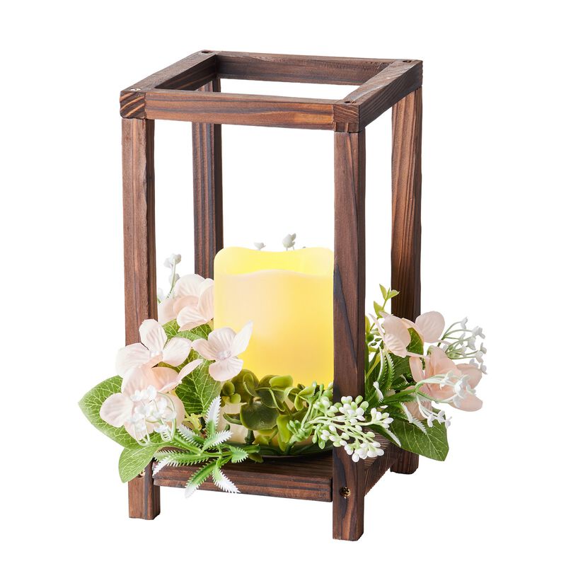 10 Set Wooden Wedding Lantern Centerpieces with Flameless LED Candles and Champagne Flower Wreaths image number 3