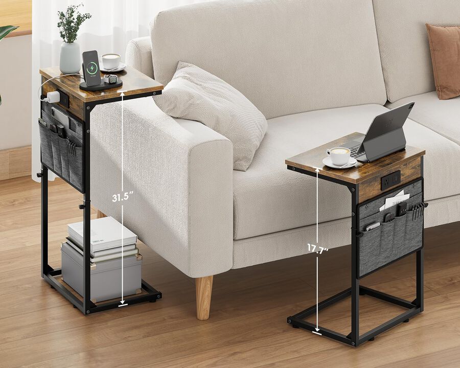 Vagusicc C Shaped End Table with Charging Station, 33"" Tall Side Table for Couch, Sofa Table Adjustable Height Small Couch Side