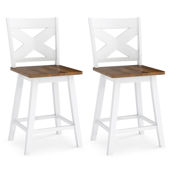 Set of 2 Swivel Bar Stools with Rubberwood Frame and Large Seat