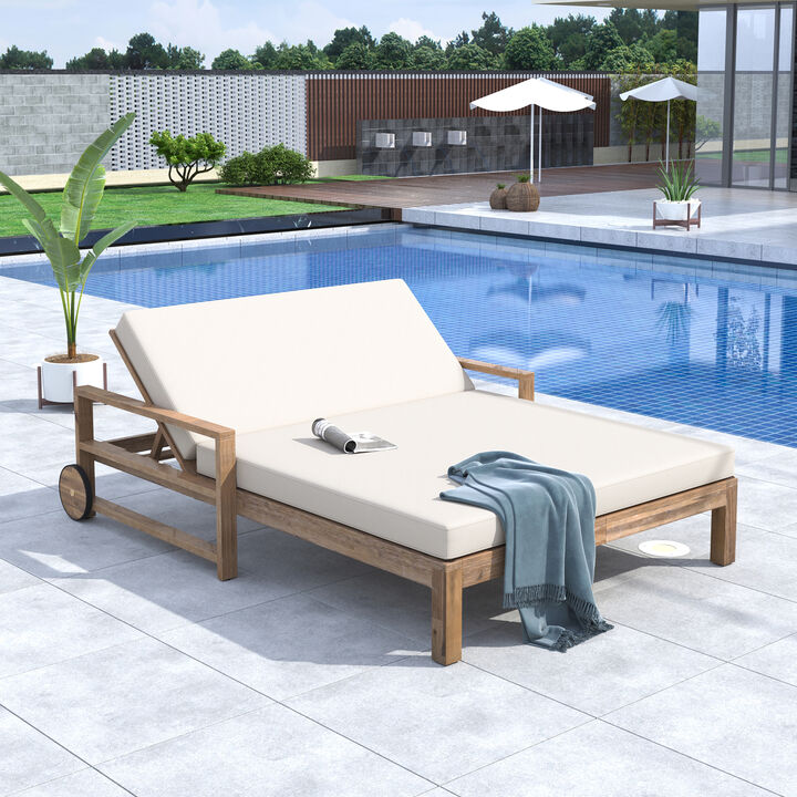 Merax Outdoor Solid Acacia Wood Adjustable Daybed with Movable Wheels & Detachable Weatherproof Cushions