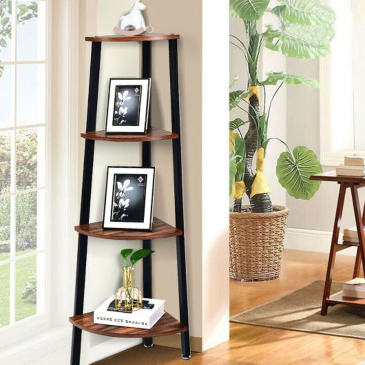 4-Tier Corner Shelf Metal Storage Rack Domestic Bookcase-Black