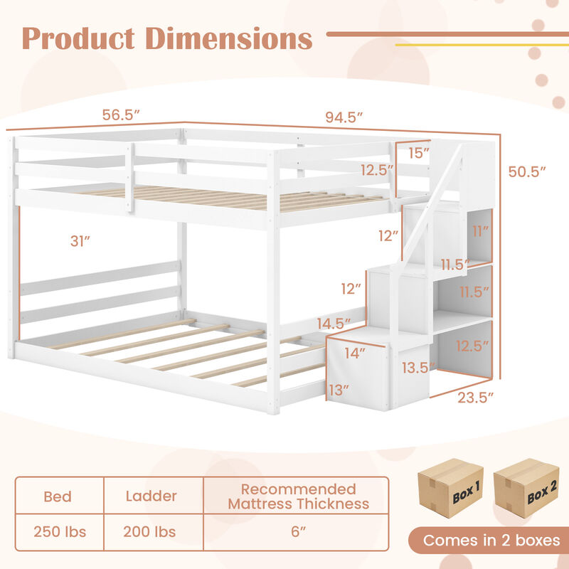 Space-Saving Solid Wood Bunk Bed with Staircase and Storage Drawers