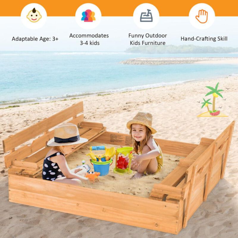 Hivvago Kids Wooden Sandbox with 2 Foldable Bench Seats
