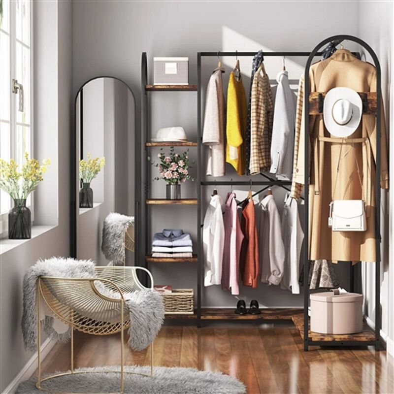 Freestanding L-Shaped Garment Rack – Corner Clothing Storage with Shelves and Rods
