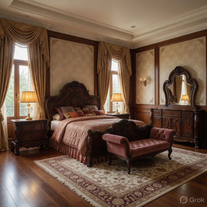 Queen Size Bedroom Set, Wood Design, Brown Finish, 5-Piece Set with Bed, 2 Nightstands, Dresser and Mirror